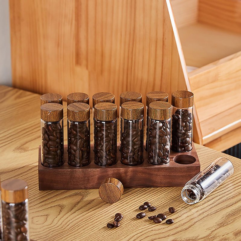TREELF Coffee Bean Storage,Coffee Storage Container with Walnut Solid Wood Base,Coffee Bean Container,12 Tubes Single Dose with Wooden Holder(Type 1)