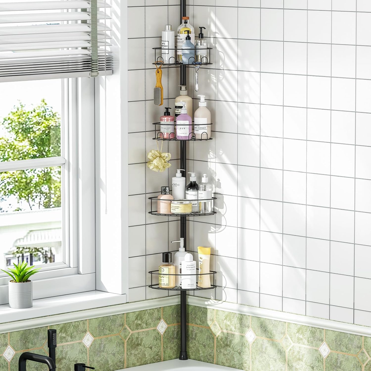 Skiennix Corner Shower Caddy - 4 Tier Adjustable Bathroom Organizer with Hidden Hook & Towel Holder | 63.7-119 Inch, Black