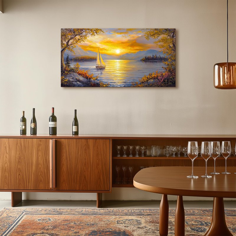 crmotu Sunset Wall Art, Lake Art Wall Decor, Sailboat Wall Art, Mountain Landscape Large Art Prints, Dusk Aesthetic Paintings Wall Decor Living Room Bedroom Kitchen Office Decorations 20x40inch
