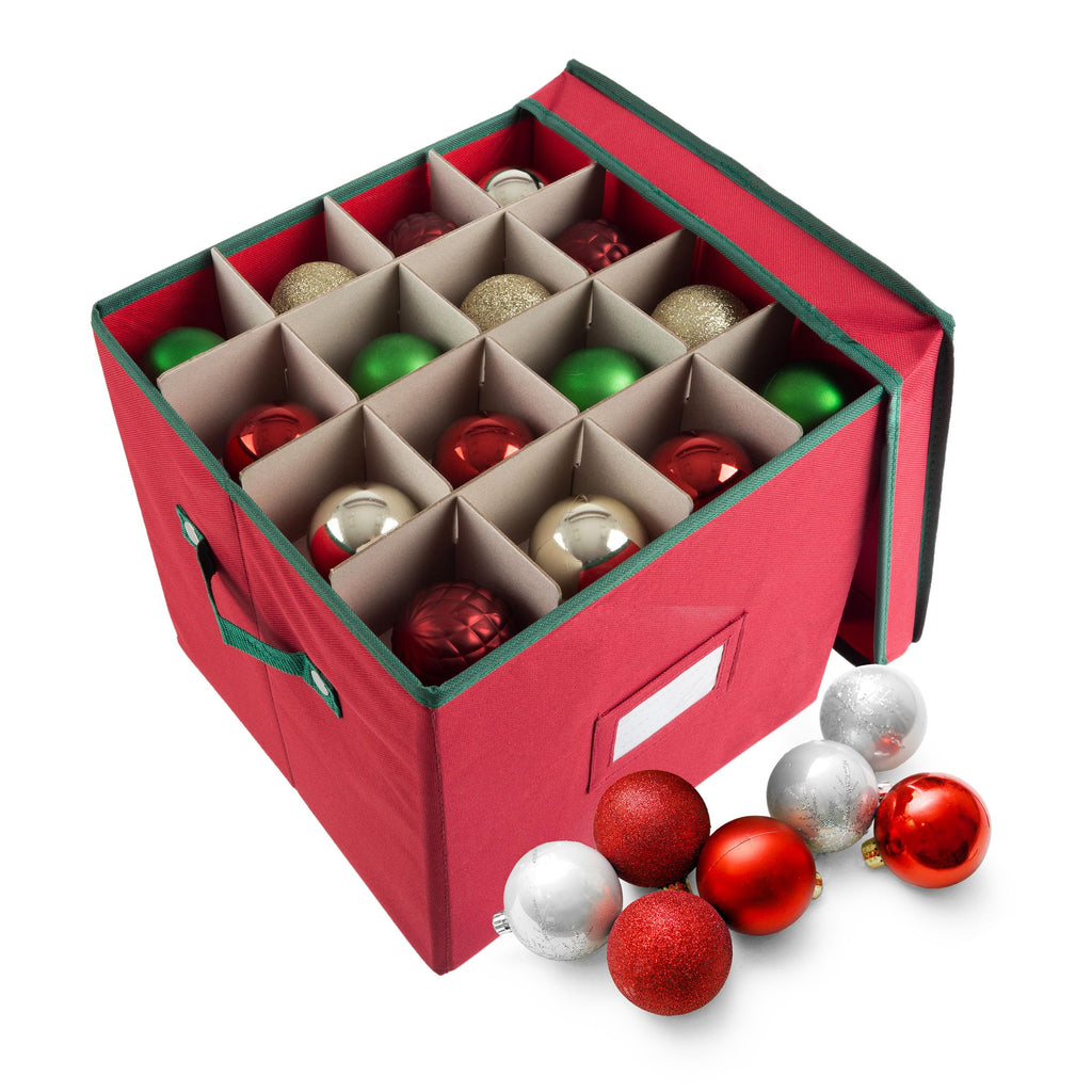 Ornament Storage Box Set of 2 - Organizer with 64 Individual Compartments and Dividers for Christmas Bulbs and Decorations by Tiny Tim Totes (Red)