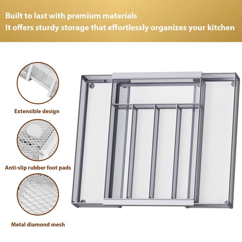 Sedegn Silverware Organizer Metal Mesh, Drawer Organizer, Utensil Cutlery Tray Expandable Flatware Organizer with 7 Compartment Silver 9.6"~16.1" x 13.8"
