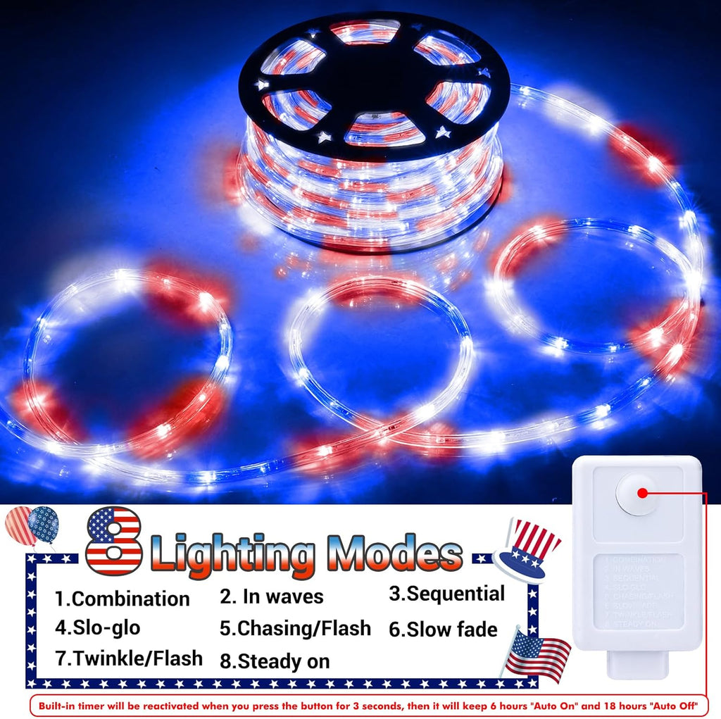 Skiennix 50ft LED Rope Lights - Waterproof, Connectable & Flexible Tube Lights | 8 Modes for Indoor/Outdoor Decor (Red, White & Blue)