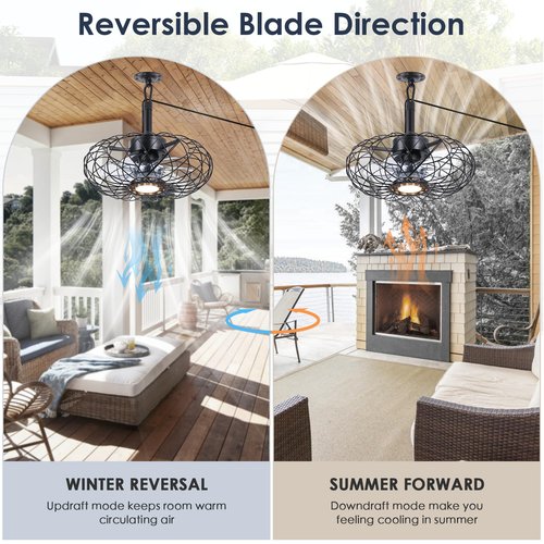 Miuyhji Black Outdoor Ceiling Fans with LED Light, 15" Waterproof Gazebo Fan Plug in Caged Industrial Fandelier Ceiling Fan with Remote, 6 Speeds Adjustable Height Fan for Bedroom Living Room Pergola