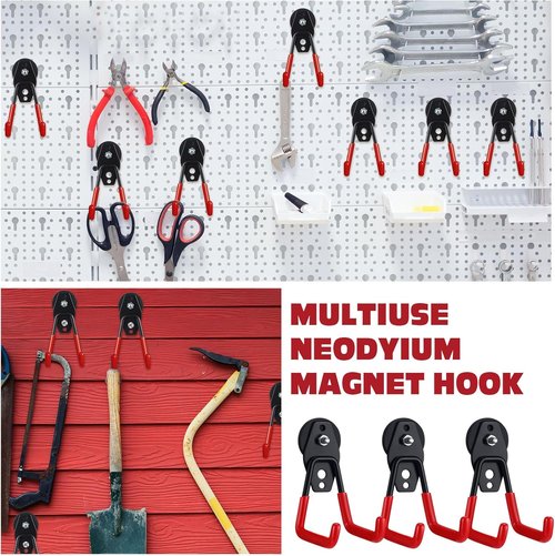Landhoow Heavy Duty Magnetic Hooks - 6 Pcs Strong Storage Utility Hangers with Anti-Slip Rubber Coating | Red