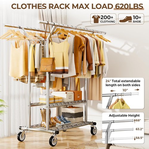 HYSEYY Heavy Duty Clothes Rack - Rolling Double Rod Garment Rack with Shelves | Adjustable & Portable, 620 LBS Capacity