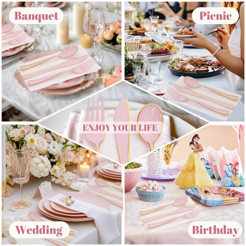 WDF 180 Pieces Pink Plastic Silverware with Gold -Pink Plastic Utensils Set - 60 Guest Cutlery Disposable for Birthday/Party/Wedding/Valentine's Day