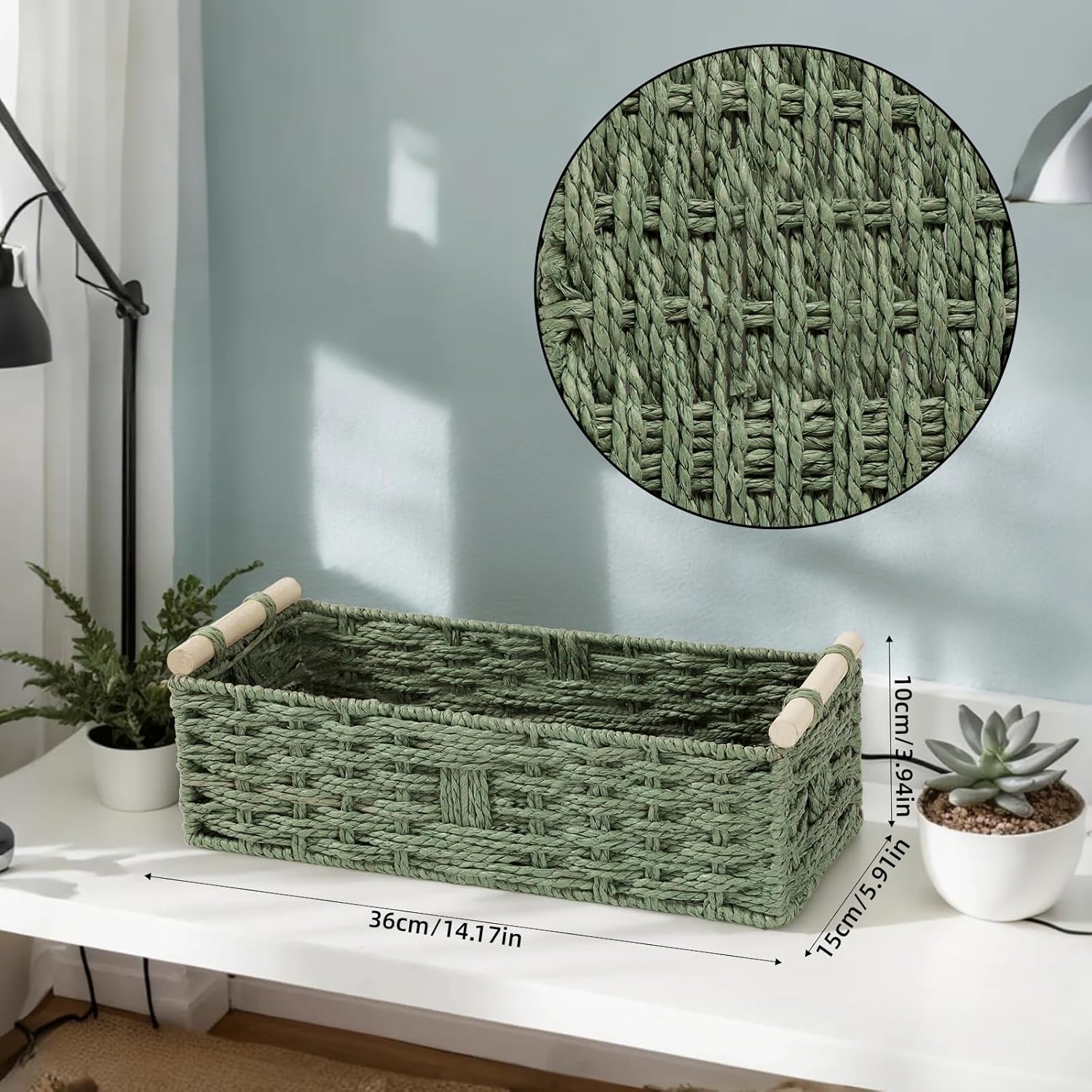 Skiennix Toilet Paper Storage Basket - Decorative Wicker Design with Wooden Handles | Green Paper Rope for Bathroom Decor