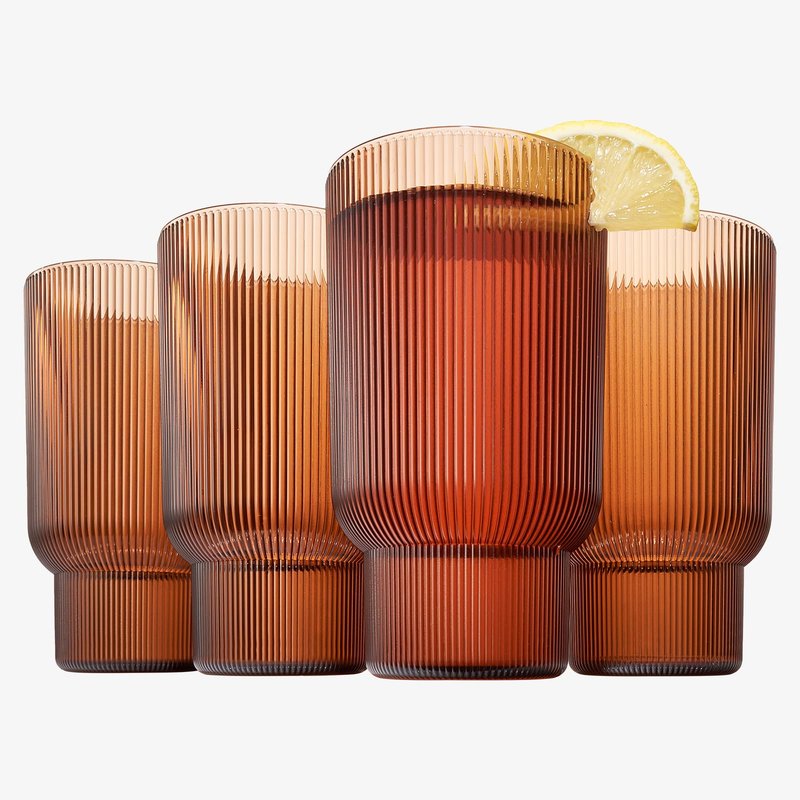Shatterproof Acrylic Tall Drinking Glasses Set, European Style, Dishwasher Safe, Ribbed | Set of 4 | Fluted Tritan, Unbreakable BPA-free Plastic, Reusable Stackable Glassware 14.5oz - Burnt Orange