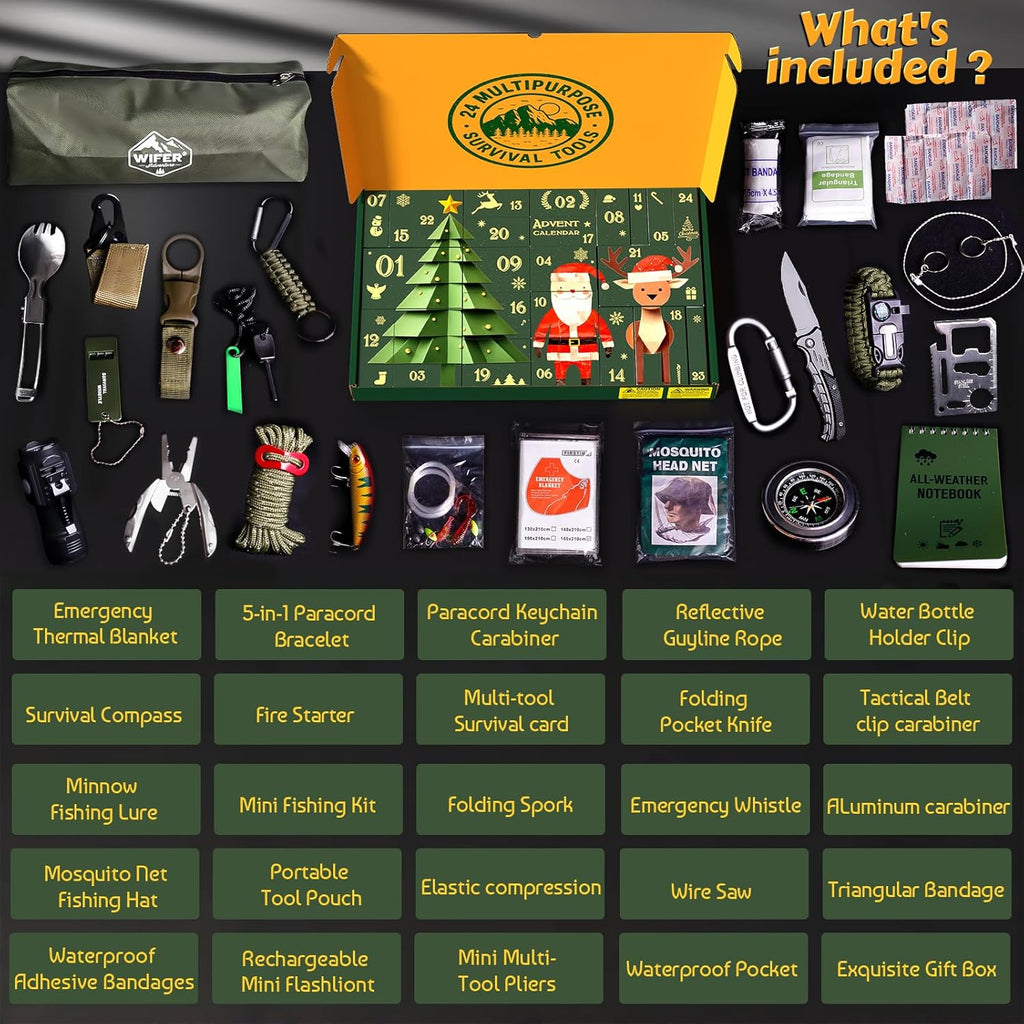 Survival Kit Advent Calendar 2025 for Men - 24 Days of Essential Outdoor Tools | Perfect Xmas Gift for Camping, Fishing, and Hiking Enthusiasts