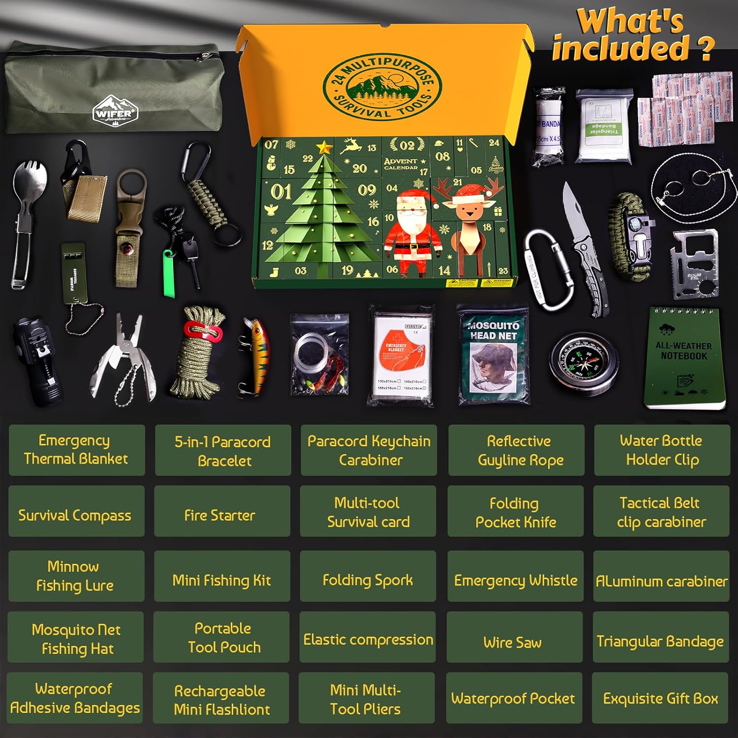 Survival Kit Advent Calendar 2025 for Men - 24 Days of Essential Outdoor Tools | Perfect Xmas Gift for Camping, Fishing, and Hiking Enthusiasts