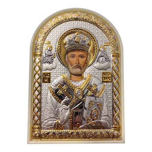 (PL-3/003G/B) Saint Nicholas Byzantine, 925° Sterling Silver Orthodox Christian Icon/Greek Handmade (White, 5 x 3)