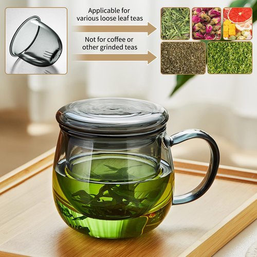 Glass Tea Cup with Infuser and Lid, 32oz/950ml Large Borosilicate Teacup, Clear Mug for Loose Leaf, Blooming Tea, Dishwasher Safe - Tea Maker Gift for Birthday