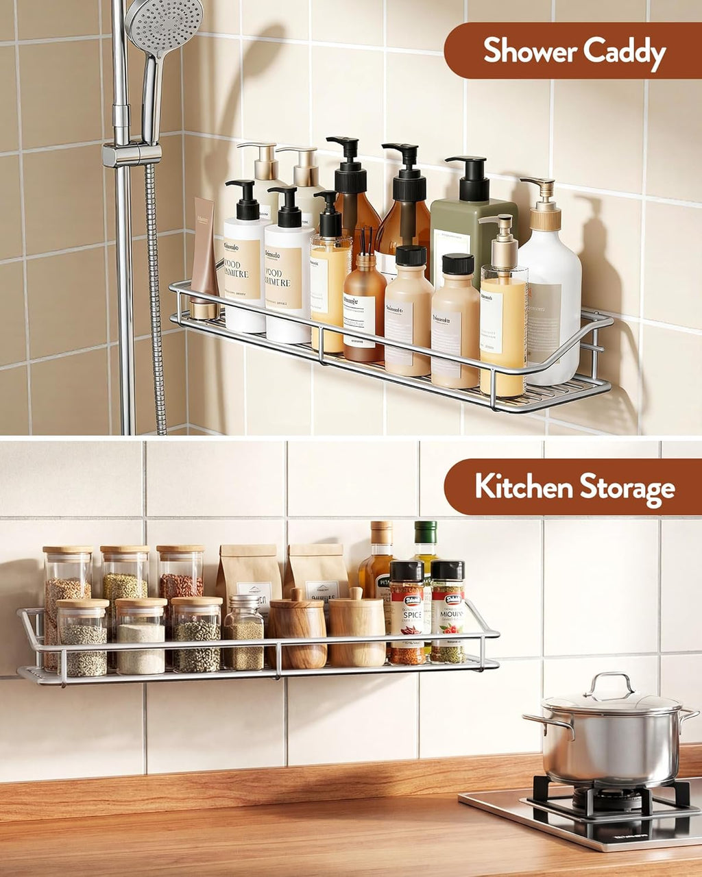 Orimade Bathroom Shelf Organizer - Traceless Adhesive Shower Caddy | No Drilling, SUS304 Stainless Steel, 15.75 Inch, Silver