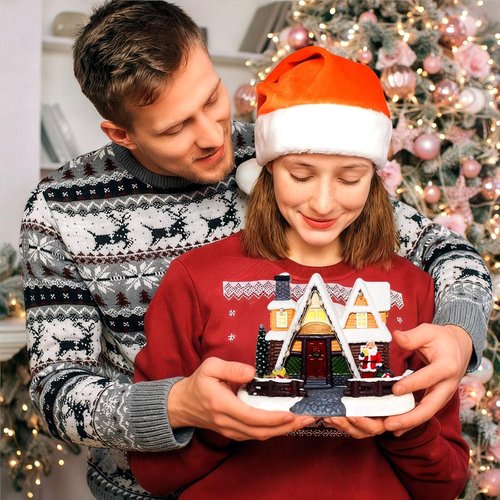 LED Lighted Village House - 6.9 Inch Triangular Christmas Decoration with Santa Claus Statue | Holiday Home Decor