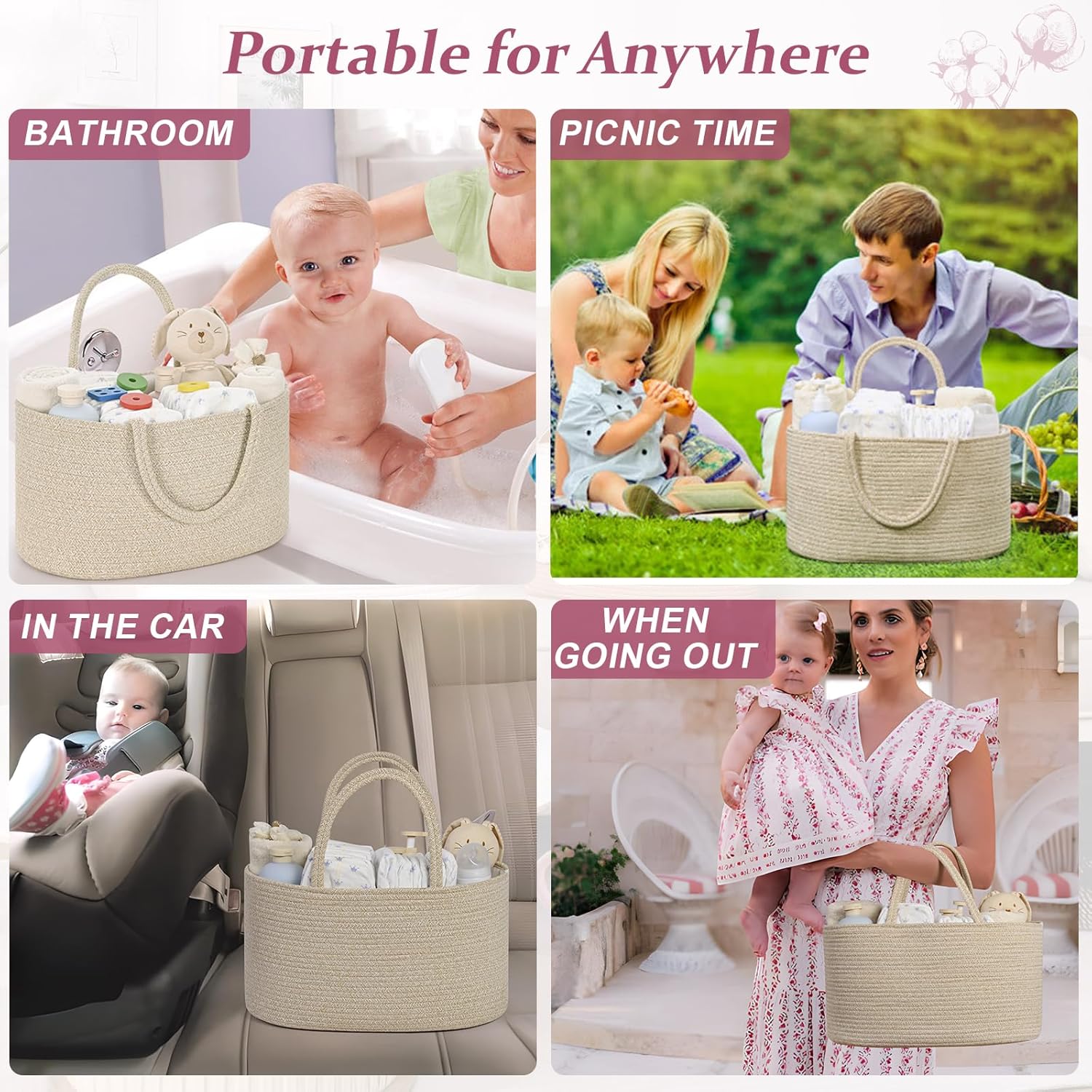Skiennix Baby Diaper Caddy Organizer - 19L Cotton Rope Storage Basket with Removable Divider | Perfect for Nursery & Baby Showers