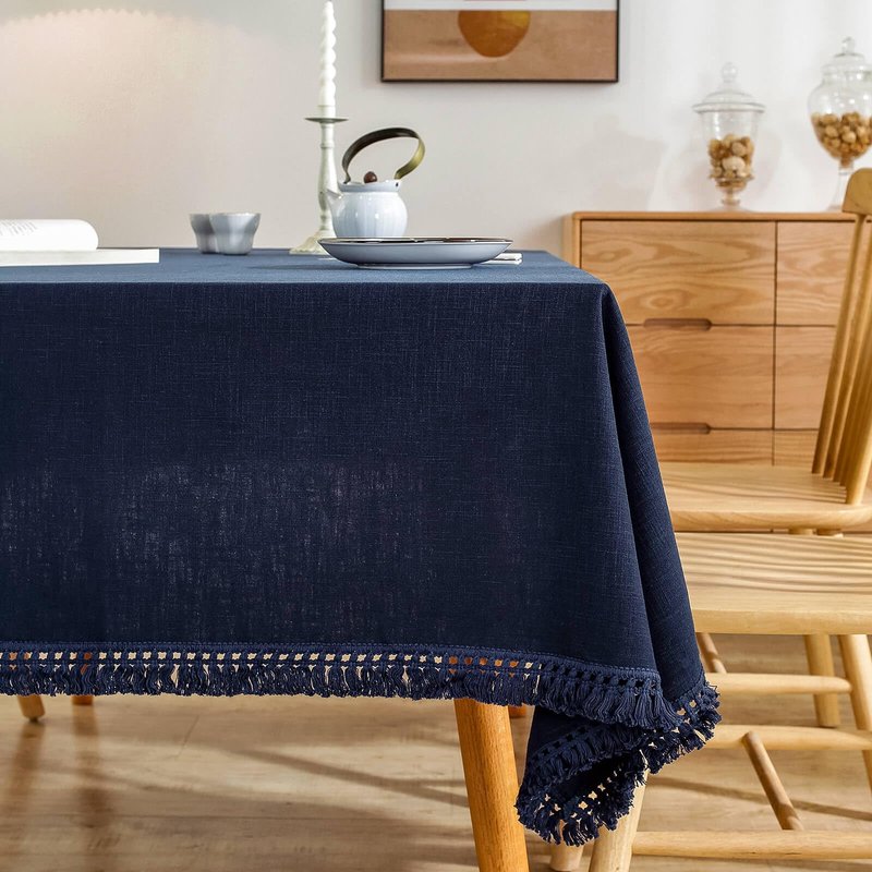 AmHoo Linen Tablecloth Table Cloth Stitching Tassel Rectangle Decorative Natural Table Cover for Kitchen Dinning Wedding Buffet 55 x 102 Inch Navy Blue