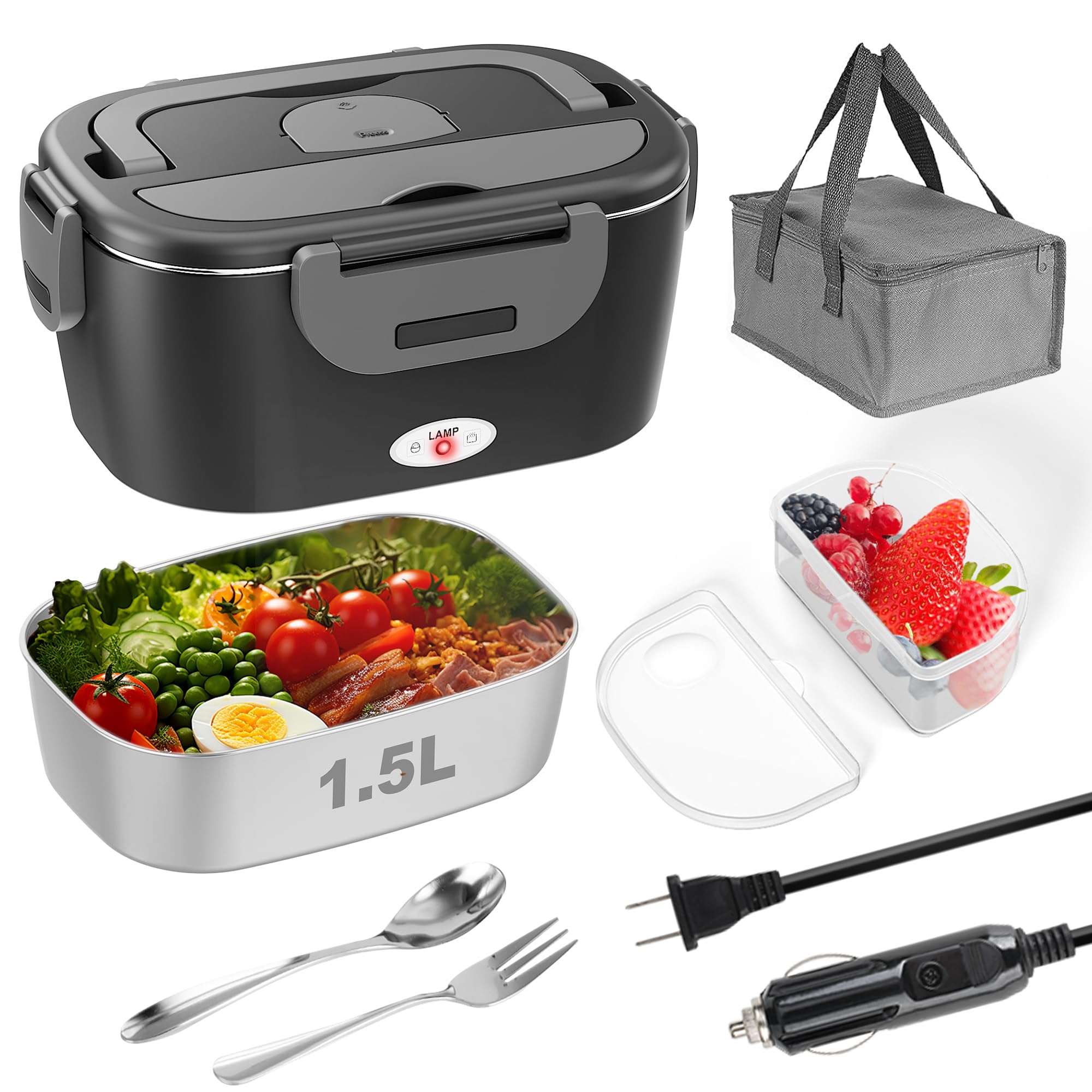 FERVINOW Cordless Electric Lunch Box for Adults – Battery-Powered Heated Lunch Box with 1.2L Stainless Steel Container, Timer Function, and Leak-Proof Food Warmer for Work, Travel & Office(BK)