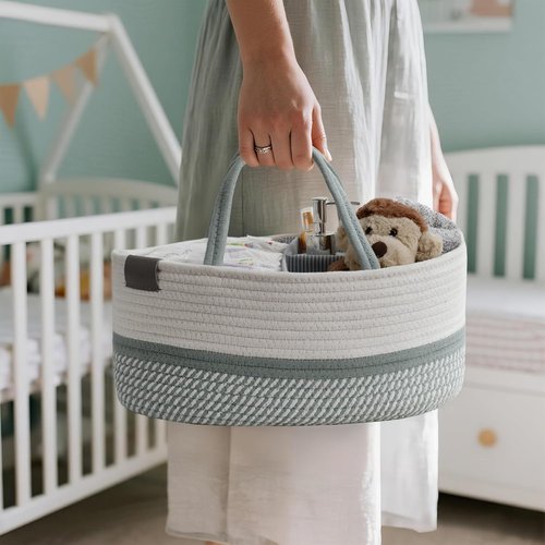 DECOMOMO Baby Caddy Organizer - Large Diaper Basket for Baby Shower | Sage Green & White Design
