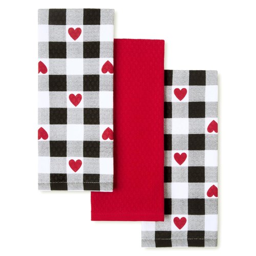 Martha Stewart Love Check Gingham Hearts Decorative Kitchen Towels 3-Pack Set, 100% Cotton, Absorbent, Valentine’s Day Décor, Black/White/Red, 16”x28”