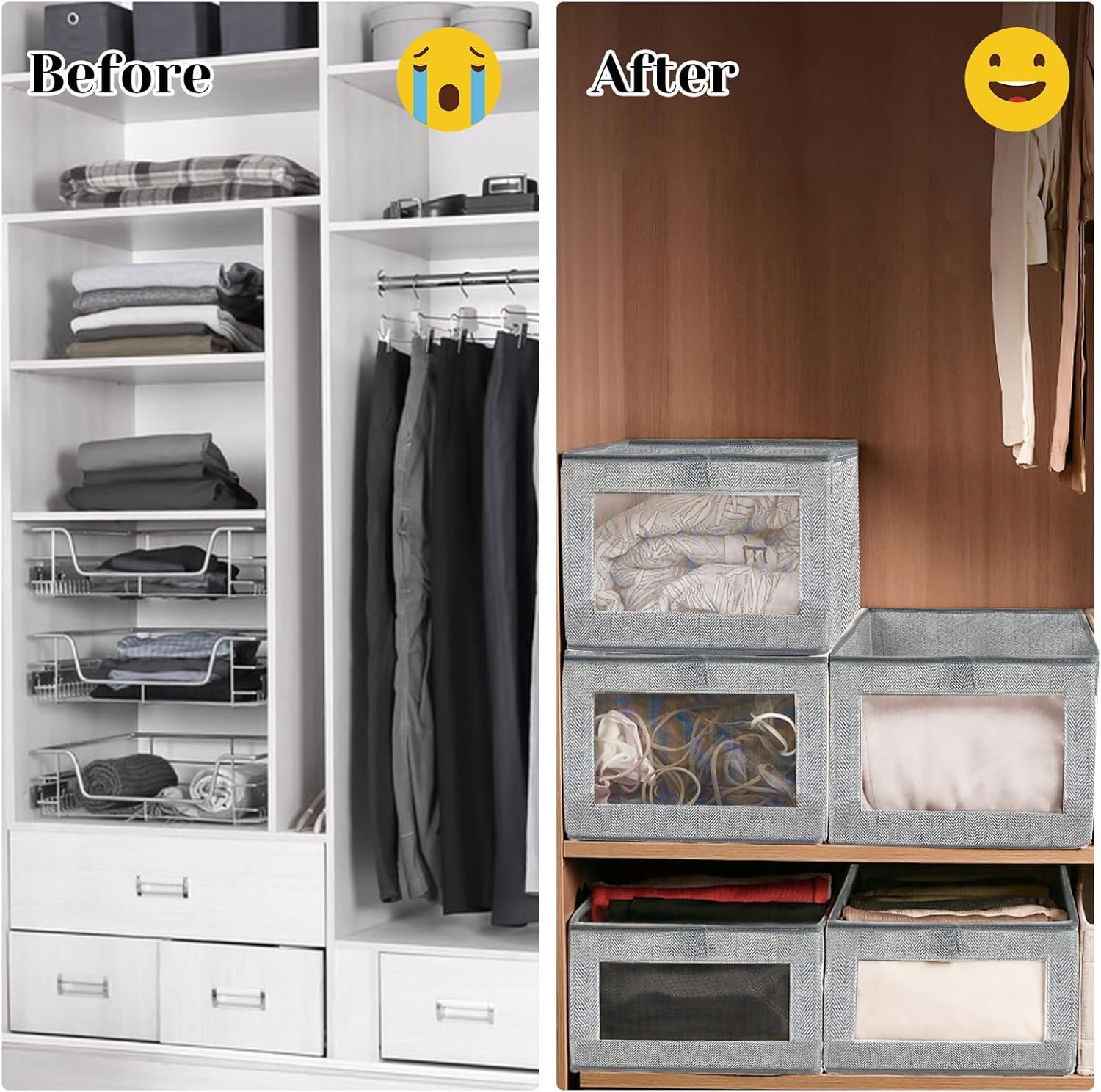 Skiennix Linen Closet Storage Bins - 6 Pieces with Clear Window for Organizing Clothes & Books