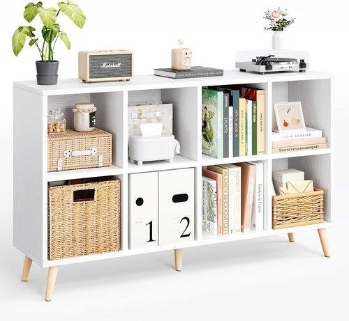 Flrrtenv 8-Cube Bookshelf - Modern 2-Tier Wood Storage Organizer | 47" Freestanding White Bookcase
