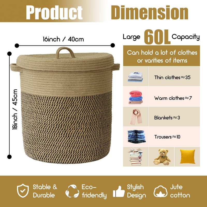 Extra Large Storage Basket with Lid 60L, 16"Wx18"H Woven Laundry Hamper Basket with Handle, Jute Rope Wicker Basket Blankets Pillows Storage in Living Room Baby Nursery, Jute/Black Mix includes Lid