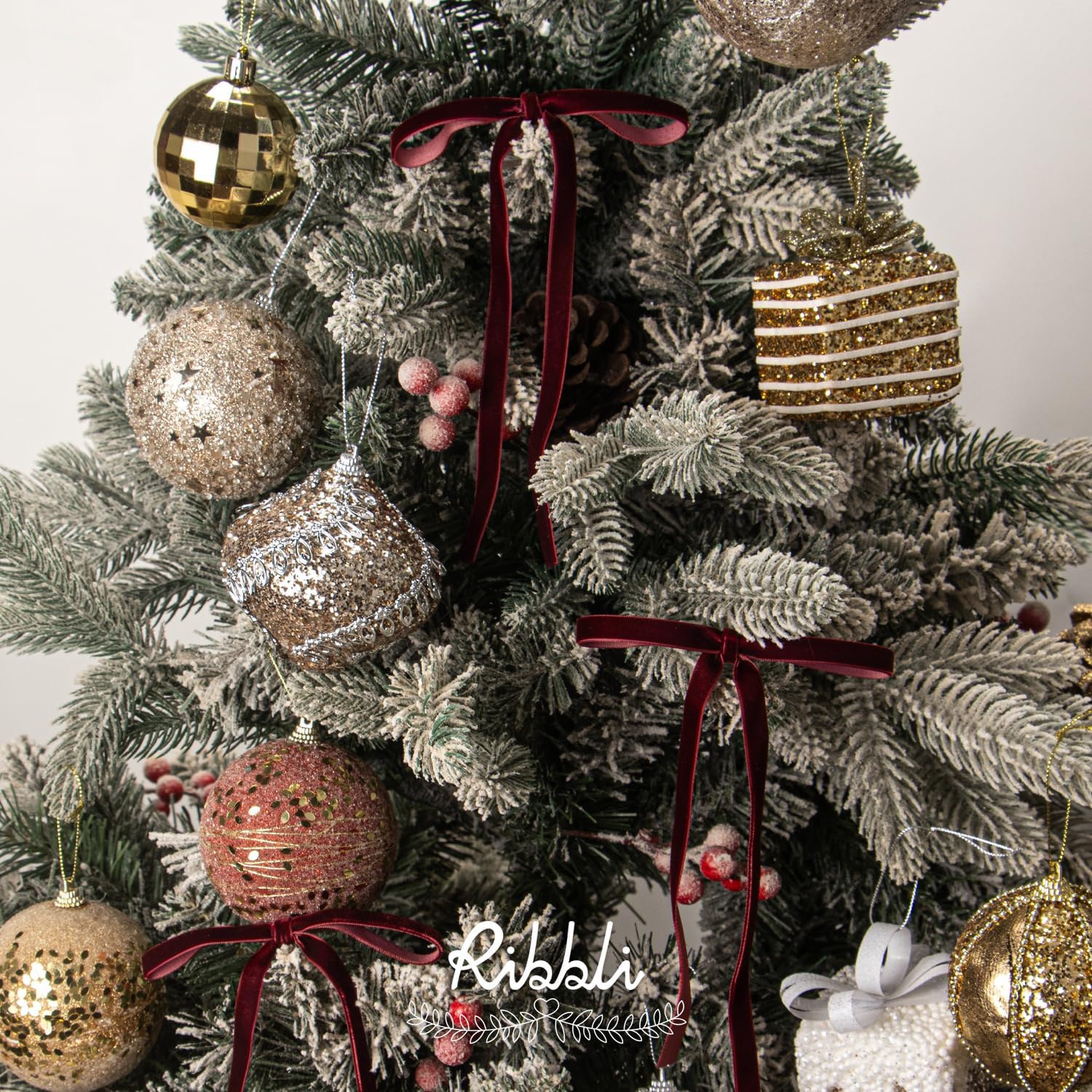 Ribbli Burgundy Velvet Bows - 24 Vintage Christmas Tree & Wreath Ribbon Bows | 5 x 7 Inch, 3/8 Inch Wide