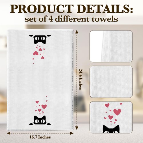 DETIHO ETIHO Black Cat Kitchen Towel, Cat Lover Gifts for Women, Funny Dish Towels Decorative Set 16x24 Inches Set of 4, Hand Tea Towels for Kitchen Bathroom (A14)