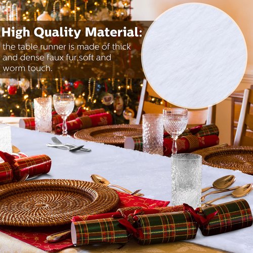 Tegeme 2-Piece Faux Fur Table Runner & Blanket - 15 x 72 Inch Snowy White Fur Table Cover for Easter, Wedding, Christmas & Dining Table Decor