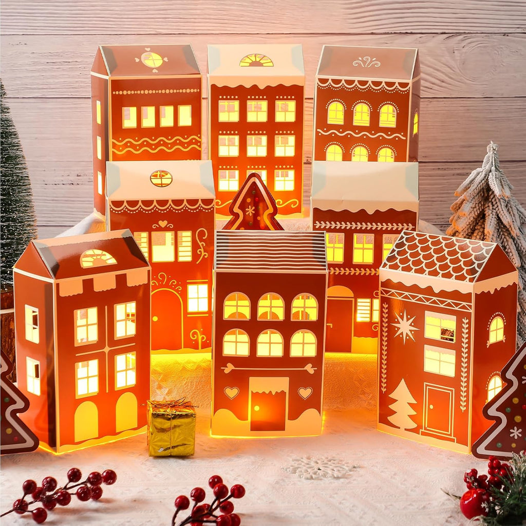 Reallnaive 20 Pcs Large 8" Christmas Cardboard Village Houses Set - DIY LED Candle Decor | Gingerbread Brown