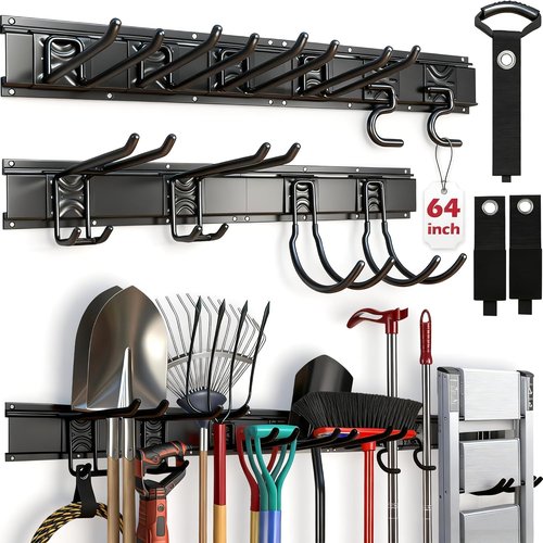 "SEDY 64" Heavy Duty Garage Tool Organizer - Wall-Mounted Rack with Adjustable Hooks, Anti-Rust, 300lbs Capacity | Easy Installation (10 Hooks, 4 Rails, 3 Straps)