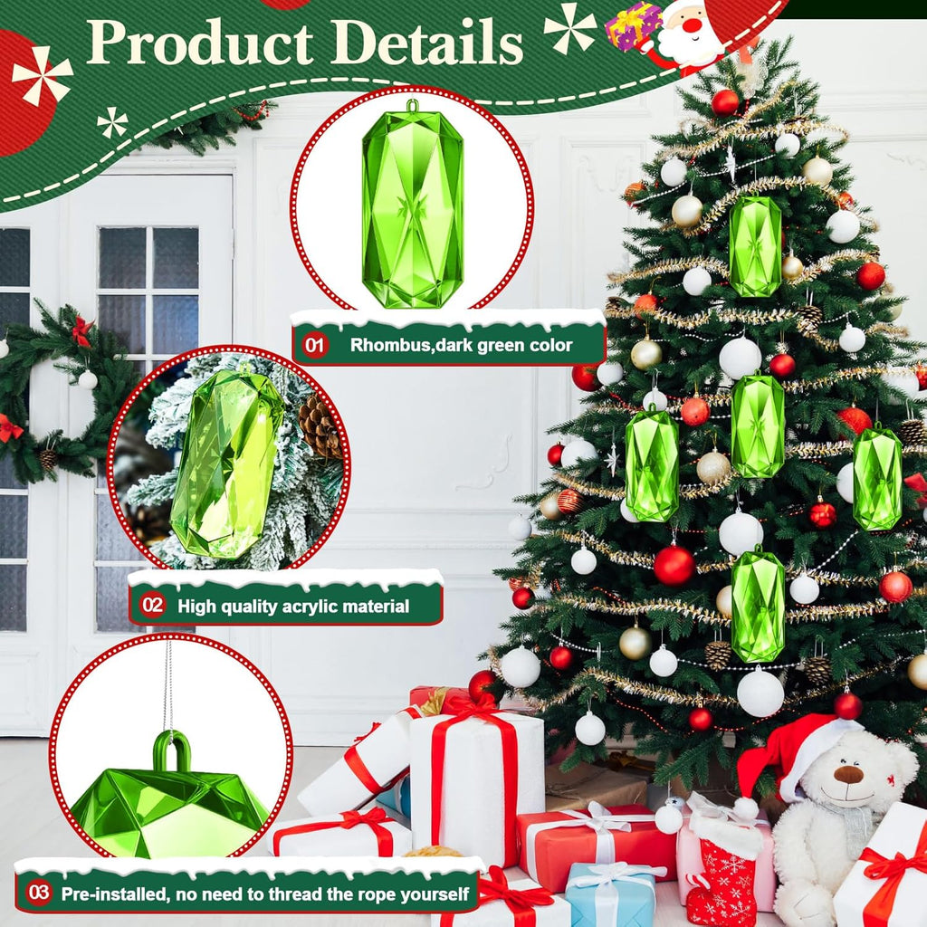 Syhood 4 Pack Acrylic Green Jewel Ornaments - 5.7 Inch Glittering Christmas Tree Decorations | Perfect for Weddings & Holiday Parties