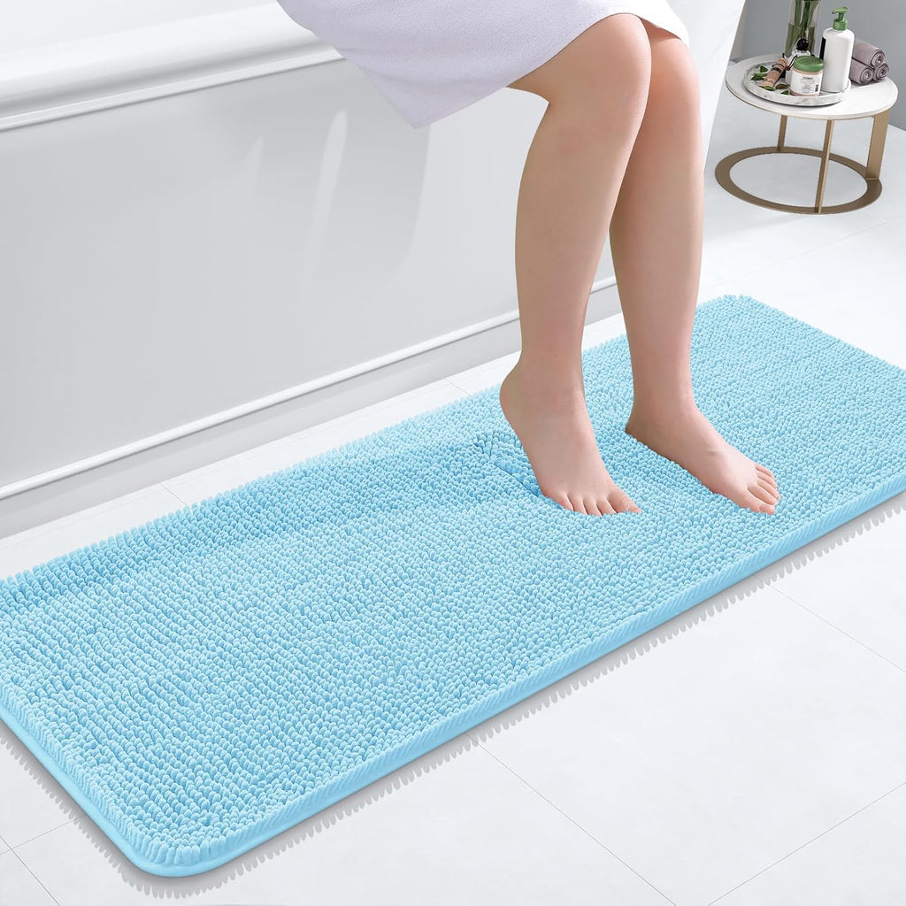OLANLY Bathroom Runner Rugs - Soft Absorbent Chenille Bath Mat with Rubber Backing | 47x17, Sky Blue