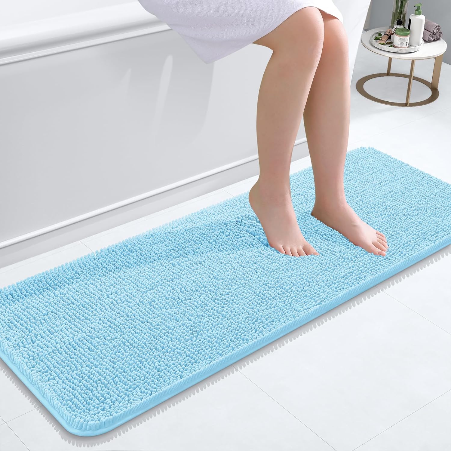 OLANLY Bathroom Runner Rugs - Soft Absorbent Chenille Bath Mat with Rubber Backing | 47x17, Sky Blue