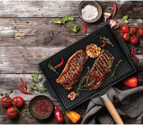 MasterPan Non-Stick Grill and Griddle Pan with Removable Handle, 15" (Innovative Series), black and Brown