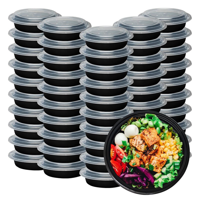 Klex 12 Oz, 50 Sets Meal Prep Containers with Airtight Lids, BPA Free, Reusable Plastic Food Container, 12 oz, Round, Black/Clear, 50 Sets