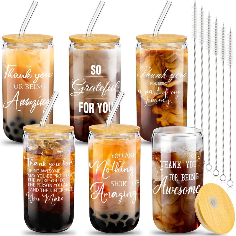 Purpeak 6 Set Employee Appreciation Gifts Glass Cups Bulk Thank You Gifts for Team Coworkers Staff Teachers and Nurses 16 oz Can Shaped Glass Cups with Bamboo Lids and Straws(Elegant Style)