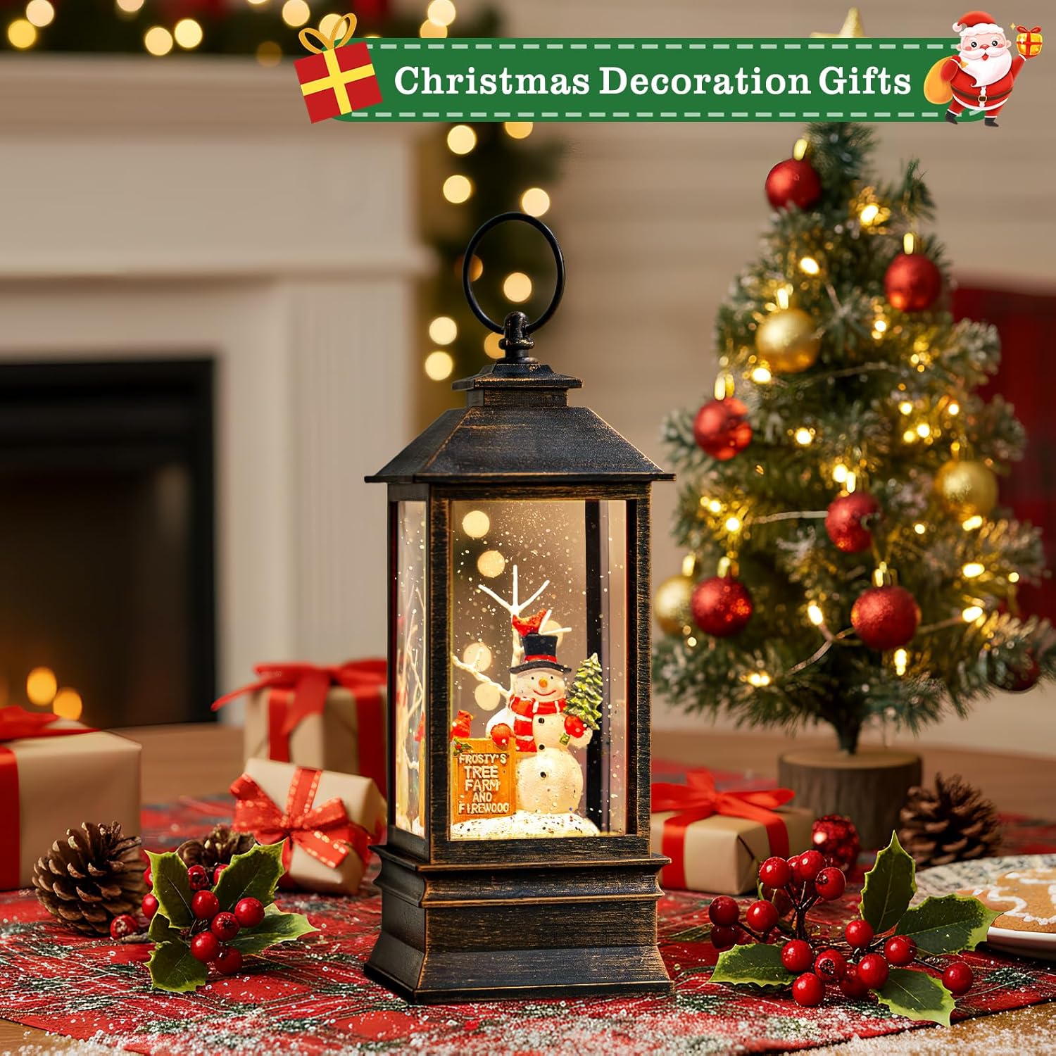 Skiennix Christmas Snow Globe Lantern - Musical Snowman & Tree Scene | Lighted USB/Battery Operated
