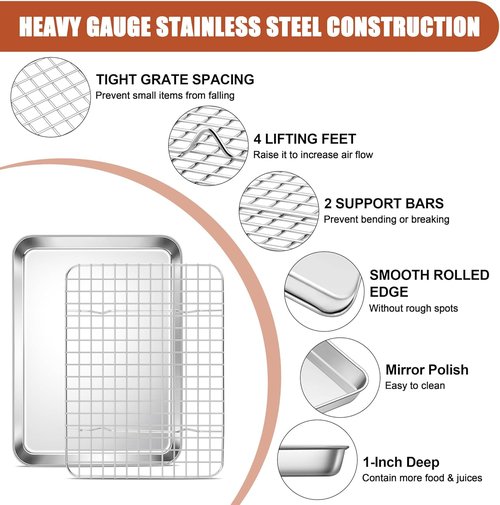 E-far Stainless Steel Baking Sheet Set - 10.5” x 8.3” Cookie Pan with Cooling Rack | Non-Toxic & Dishwasher Safe