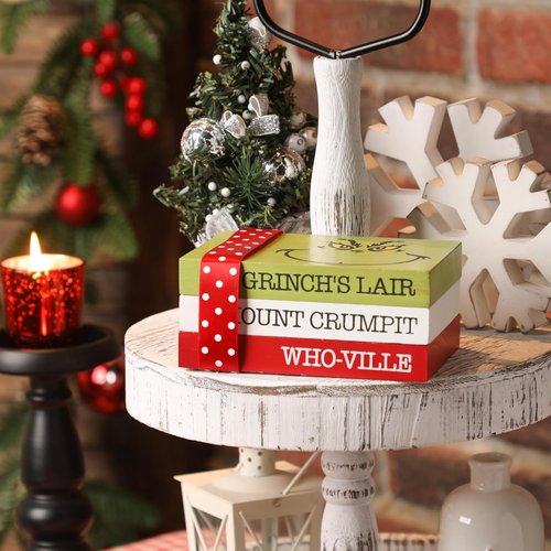 Grinch Christmas Decor - Wood Book Stack for Farmhouse Tiered Tray | Festive Home Table Decor