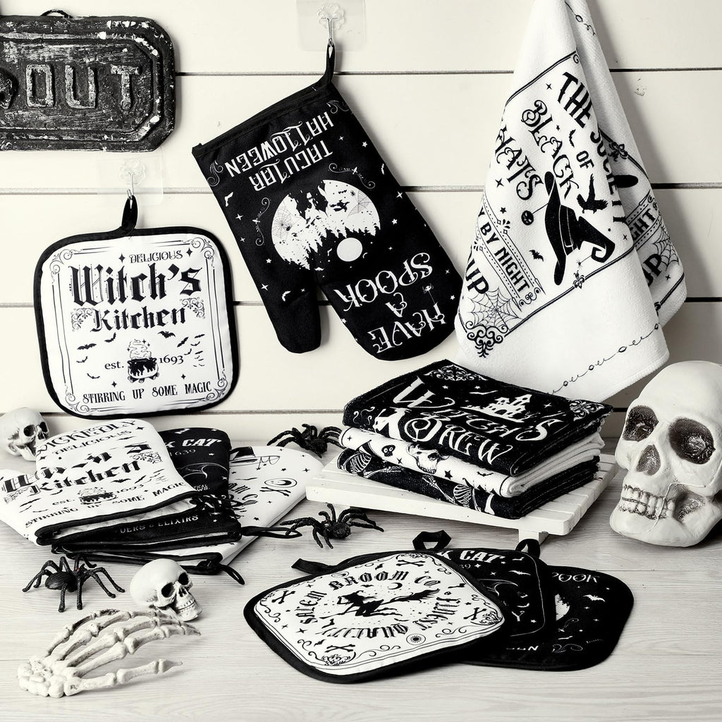 SiliFine 12 Pcs Oven Mitts and Kitchen Towel Sets 4 Dish Towels 4 Potholders 4 Vintage Resistant Glove for Cooking Baking Home Gifting(Goth Black and White)