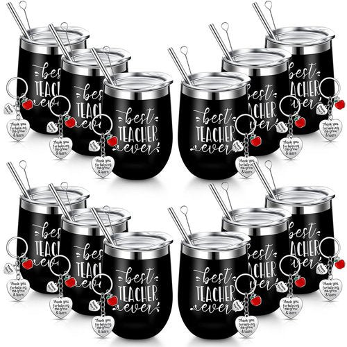 Didaey 24 Pcs Teacher Appreciation Gift Sets 12 Oz Teacher Wine Tumbler for Women Thank You Birthday Graduation Gifts 12 Best Ever Cup and 12 Keychain(Black)