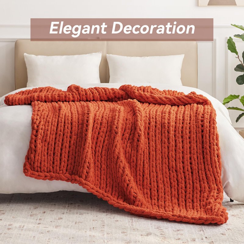 Negwoo Chunky Knit Throw Blanket, 30''*40'' Fall Throw Blanket Knitted Chenille Yarn for Bed Couch, Handmade Orange Crochet Big Thick Blanket, Machine Washable Cute Comfy Blankets for Home Decor