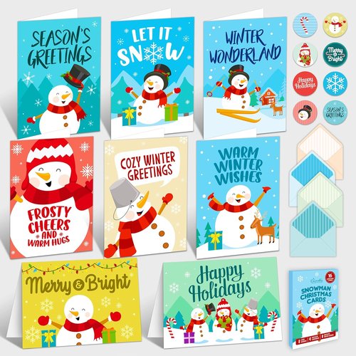 Decorably 16-Pack Snowman Christmas Cards - 5x7in Holiday Designs with Envelopes & Stickers