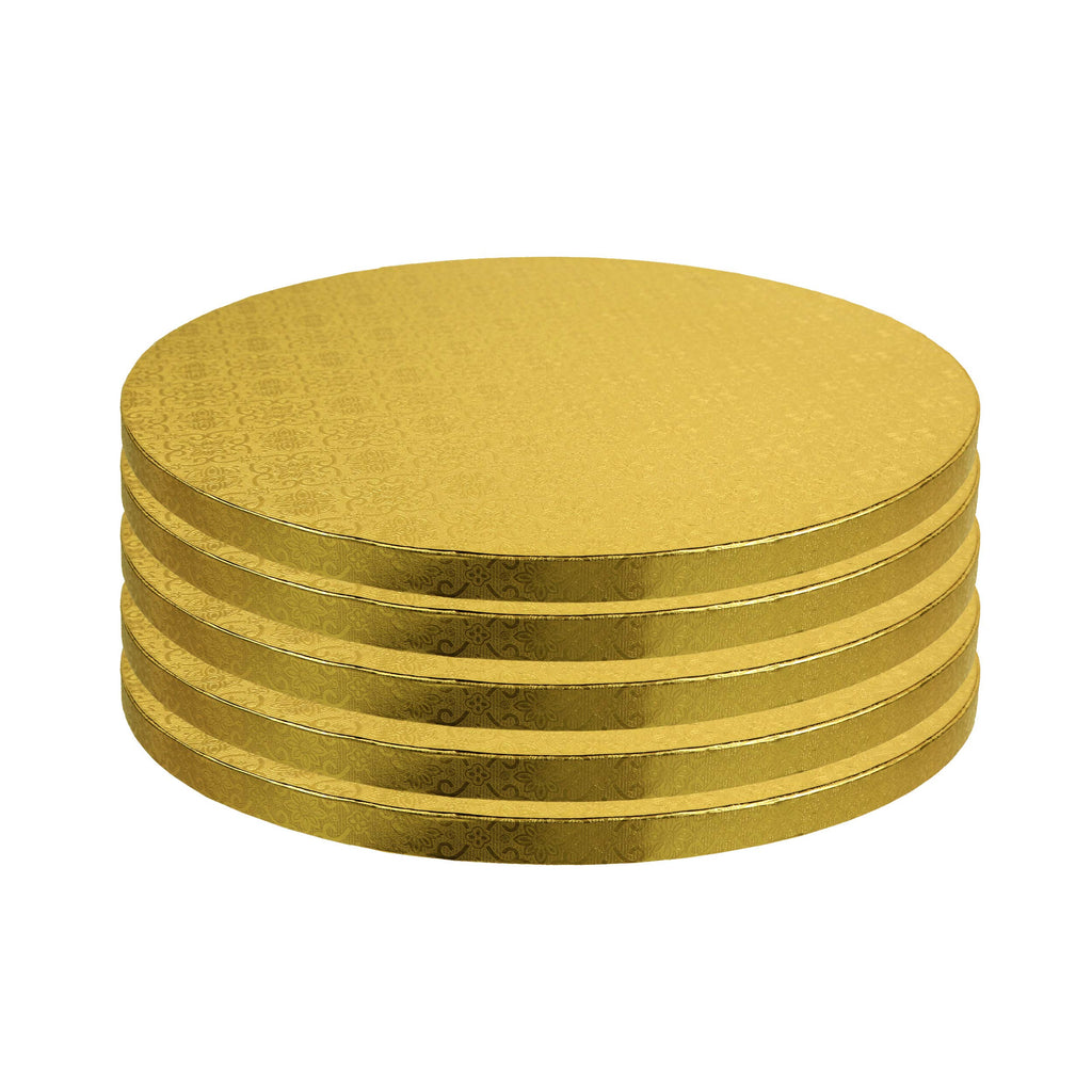 O’Creme Cake Board, Gold Foil Round Cake Circles with Gorgeous Design, Sturdy & Durable 1/2” Thick Cake Drums, Round Cake Boards with 12” Diameter, Pack of 5 Disposable Cake Drums