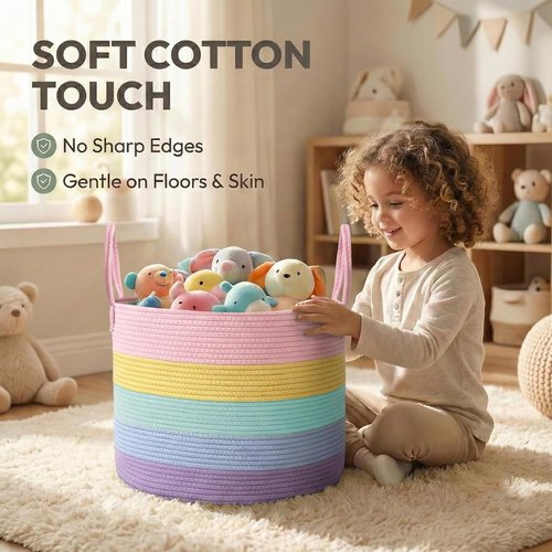 JMvicyroam 65L Extra Large Blanket Basket - Woven Cotton Rope Laundry Hamper with Handles | Machine Washable Rainbow Storage Bin for Pillows & Toys