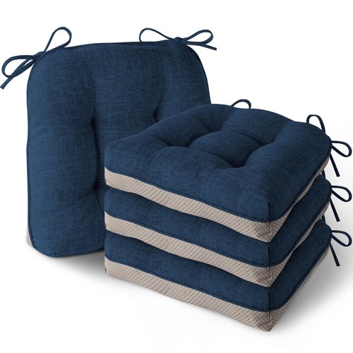 MineCozy Indoor Kitchen Chair Cushions Set of 4 Non Slip Tufted Chair Pads with Ties Thick Dining Room Seat Cushions 16'' x 16'' x 4'' Navy