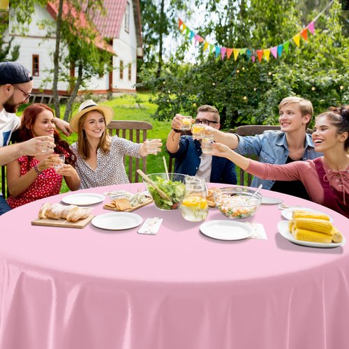16 Pack Light Pink Plastic Tablecloth for Round Tables, Premium Decorative Pink Disposable Table Cloths for Parties, Bulk Round Party Table Cover for Birthday Wedding Anniversary Graduation, 84 Inch