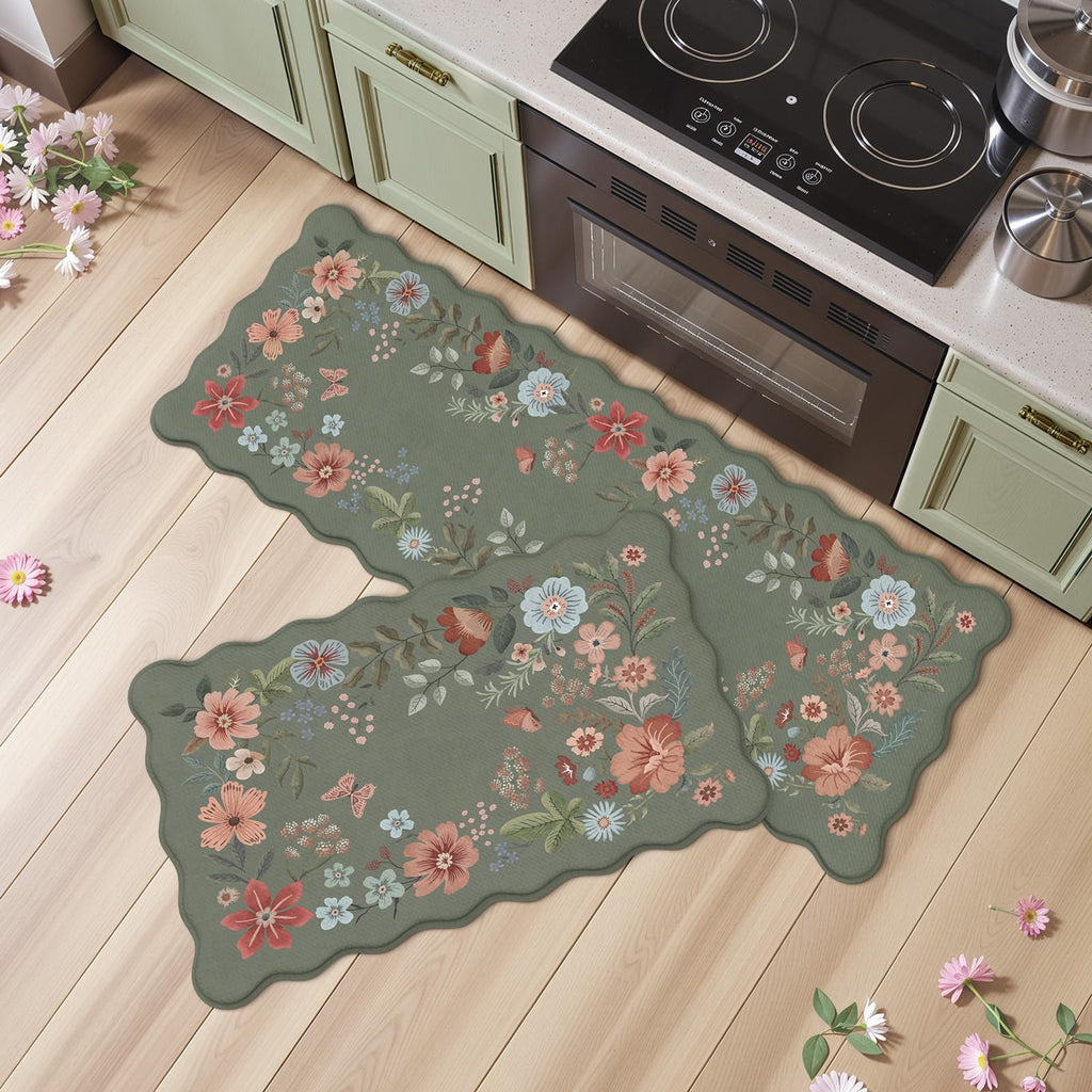 Collive Anti Fatigue Kitchen Mats, Scalloped Green Floral Kitchen Rugs Set of 2 Non Slip Waterproof Standing Mat, Memory Foam Comfort Desk Rug for Office, Sink, Laundry, 17.3"x29"+17.3"x47"