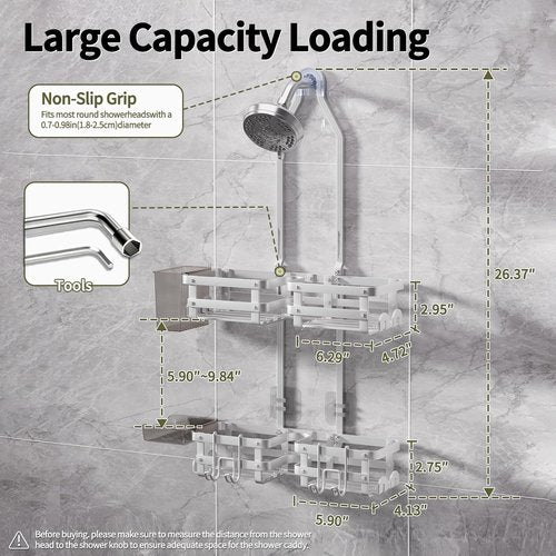 GAOKASE Aluminum Shower Caddy | Rustproof Hanging Organizer with 4 Levels & 10 Hooks - Silver